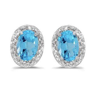Natural Oval Blue Topaz and Diamond Earrings 14K White Gold (1.10ct) Studs Jewelry