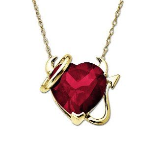 10k Yellow Gold Heart Shaped Lab Created Ruby Heart Devil and Halo Pendant Necklace, 18" Jewelry