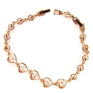 Heyjewels Women's Copper Coated Rhinestone Inlaied Heart Link Chain Bracelet Color Rose Gold Jewelry