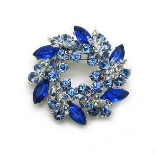Something Blue Crystal Wreath Silver Tone Bridal Corsage Pin Brooch Jewelry