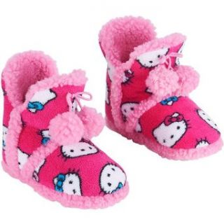 Hello Kitty Face Pink Kids Boot Slippers with Pink Pom Poms (Kids   Small (11/12)) Clothing