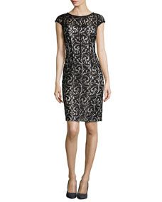 ML Monique Lhuillier Cap Sleeve Lace Overlay Cocktail Dress, Black/White