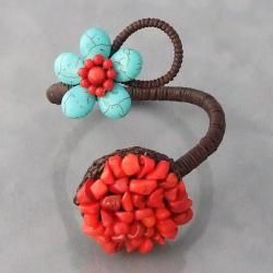 Cotton Rope Turquoise and Red Coral Circle and Flower Cuff (Thailand