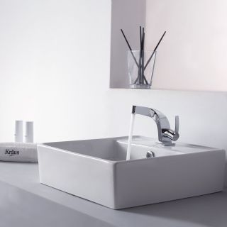 Kraus C KCV 150 15101CH White Square Ceramic Sink and Typhon Basin Faucet   Chrome   Bathroom Sinks