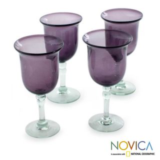 Set of 4 Handcrafted Blown Glass Amethyst Tulip Goblets (Mexico