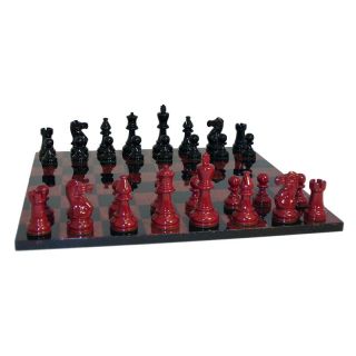 Black and Red Boxwood Classic Chess Set in Glossy Finish on Black/Red Burlwood Veneer Glossy Board   Chess Sets
