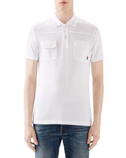Gucci White Short Sleeve Pique Military Polo w/ Chest Pockets