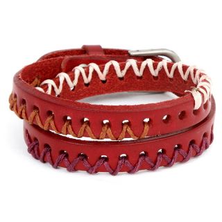 Silvertone and Red Leather Threaded 3 zone Zigzag Double Wrap Bracelet