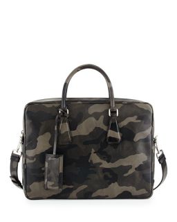 Prada Camo Saffiano Zip Around Briefcase, Gray/Navy