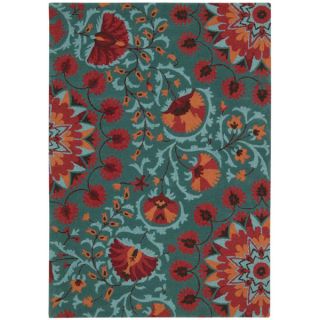 Hand tufted Suzani Teal Floral Bloom Rug (53 x 75)
