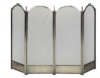 4 Fold Antique Brass Screen with Decorative Filigree   Fireplace Screens