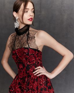 Oscar de la Renta Strapless Sequined Floral Embroidered Gown, Ruby/Black
