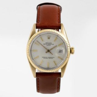 Pre Owned Rolex Mens 15000 Date Series Yellow Gold Brown Leather