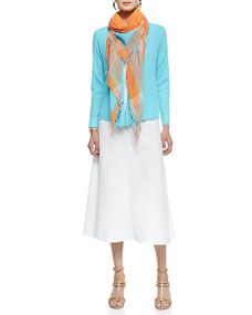 Eileen Fisher Organic Linen Long Sleeve Cardigan, Organic Cotton Slim Tank & Plaid Borders Checked Scarf, Petite