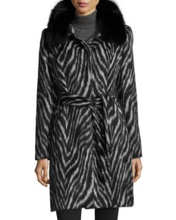 Sofia Cashmere Fur Collar Zebra Print Belted Coat