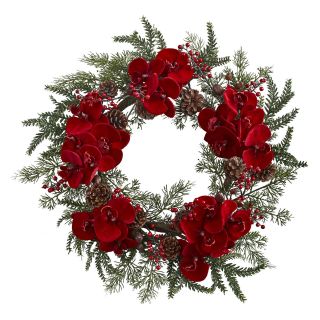 Nearly Natural 22 in. Unlit Orchid with Berry and Pine Holiday Wreath   Christmas Wreaths