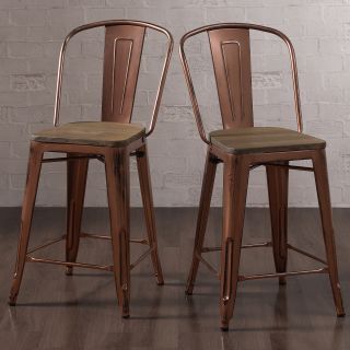 Tabouret Wood Seat Brushed Copper Bistro Counter Stools (Set of 2