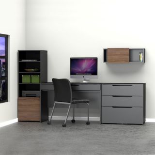 Nexera Next Desk with Bookcase and Lateral File Cabinet   Black / Walnut   Desks