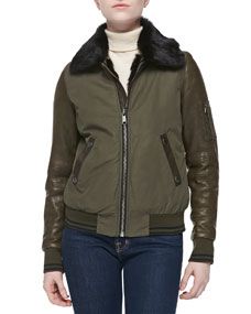 Andrew Marc Juliana Leather Sleeve Jacket W/ Fur Collar