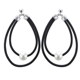Pearls For You Sterling Silver/ Leather Freshwater Pearl Hoop Earrings