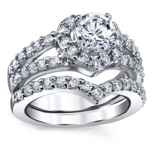 Oliveti Sterling Silver Heart Shape Cubic Zirconia Bridal Ring Set