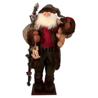 36 in. Standing Santa in Green Coat with Rocking Horse and Bear Do Not Use