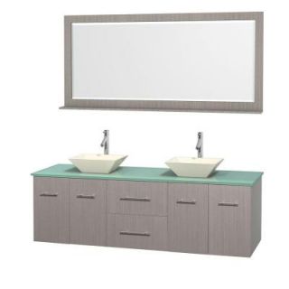 Wyndham Collection Centra 72 in. Double Vanity in Gray Oak with Glass Vanity Top in Green, Bone Porcelain Sinks and 70 in. Mirror WCVW00972DGOGGD2BM70