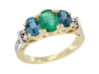 14K Yellow Gold Natural Emerald & London Blue Ring 3 Stone Oval Diamond Accent