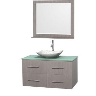 Wyndham Collection Centra 42 in. Vanity in Gray Oak with Glass Vanity Top in Green, Carrara White Marble Sink and 36 in. Mirror WCVW00942SGOGGGS6M36