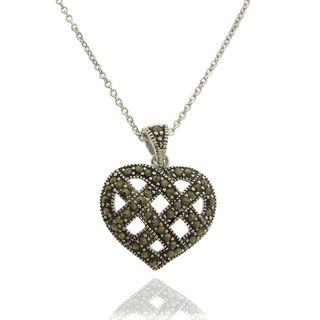 Dolce Giavonna Silver Overlay Marcasite Lattice Heart Necklace