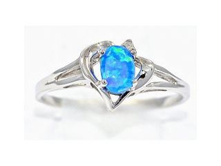 6x4mm Blue Opal & Diamond Oval Heart Ring .925 Sterling Silver Rhodium Finish