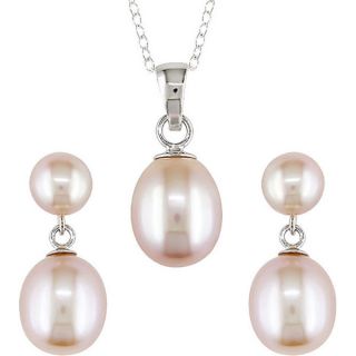 DaVonna Silver Pink FW Pearl Necklace Bracelet and Earring Set (4 8 mm