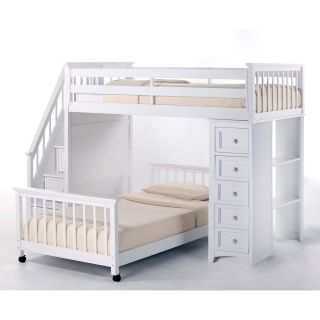 NE Kids Schoolhouse Stairway Loft Bed with Chest End   White   Bunk Beds & Loft Beds