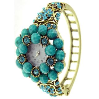 Womens Antique Gold Bangle Vintage Watch with Turquoise Faceted