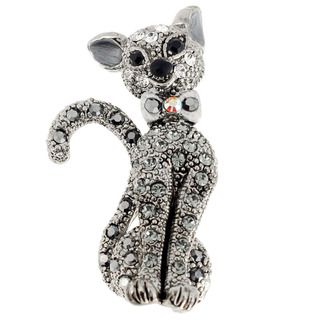 Silvertone Gemstone Black Cat Animal Pin Brooch