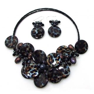 Sterling Silver Black Leopard Pearl Floral Jewelry Set (3 13 mm