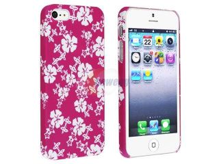 Insten Snap on Rubber Coated Case Cover Compatible With Apple iPhone 5, Hot Pink with White Morning Glory