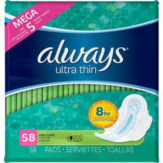 Always Ultra Thin Long Super Pads with Flexi Wings, 58 count