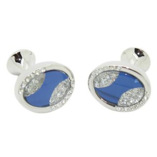 Ferrecci Silvertone Metal Blue Glass Cuff Links with Jewelry Box