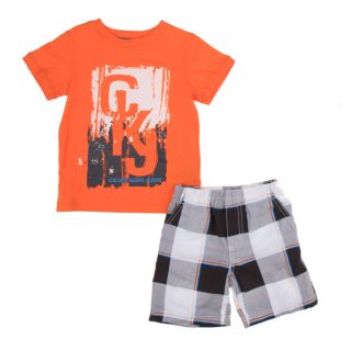 Calvin Klein Toddler Boys Orange Tee with Blue Plaid Shorts Set