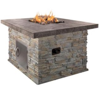 Cal Flame 48 in. Natural Stone Propane Gas Fire Pit in Brown with Log Set and Lava Rocks FPT S302 APF