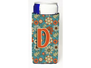 Letter D Flowers Retro Blue Ultra Beverage Insulators for slim cans CJ2012 DMUK