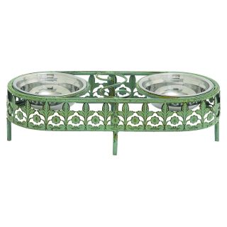 Woodland Imports Antique Leaf Design Oval Metal Pet Feeder   Patina Green   Dog Bowls & Feeders