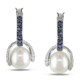 Miadora 14k White Gold Pearl and Sapphire, 1/5ct TDW Diamond Earrings