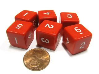 Set of 6 D6 Six Sided 16mm Opaque Numbered Dice   Red with White Numbers
