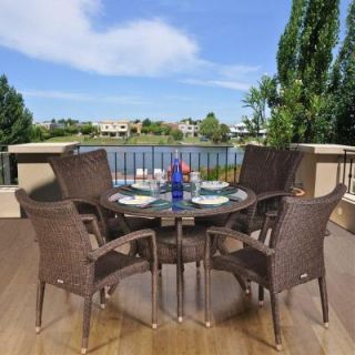 Atlantic Contemporary Lifestyle Bari Round 5 Piece Synthetic Wicker Patio Dining Set with Brown Stacking Chairs PLI BARI ROUND5