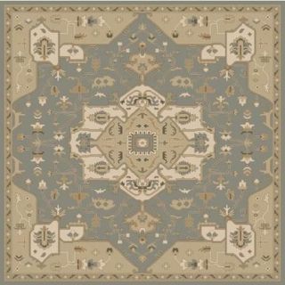 8' x 8' Elegant Caesar Shadow Blue and Champagne Beige Square Hand Tufted Wool Area Throw Rug