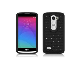 LG Leon C40 Hard Cover and Silicone Protective Case   Hybrid Black Luxurious Lattice Dazzling w/ Bling Stones