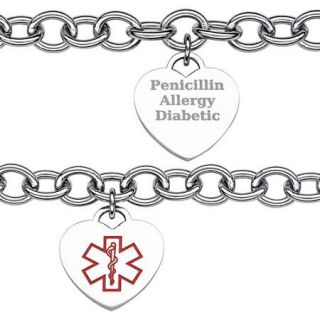 Personalized Kids' Stainless Steel Medical ID Engravable Heart Charm Bracelet, 6"