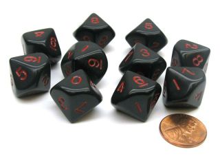 Set of 10 D10 10 Sided 16mm Opaque Dice   Black with Red Numbers